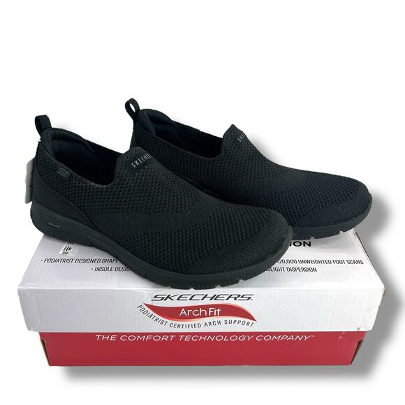 NEW Skechers Arc Fit 2.0 Black Size 7 Cascade Walking Sneakers Slip On Knit Flat - Picture 1 of 12